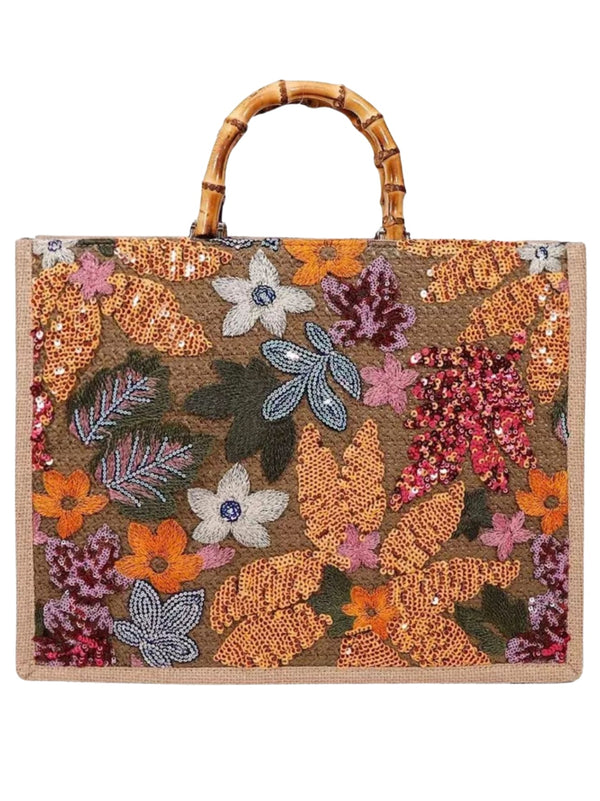 Bolsa bordada com alça de bambu