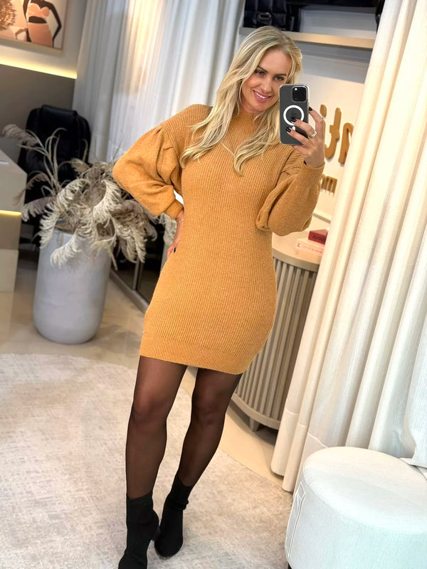 Vestido Abenção Curto De Tricô Caramelo