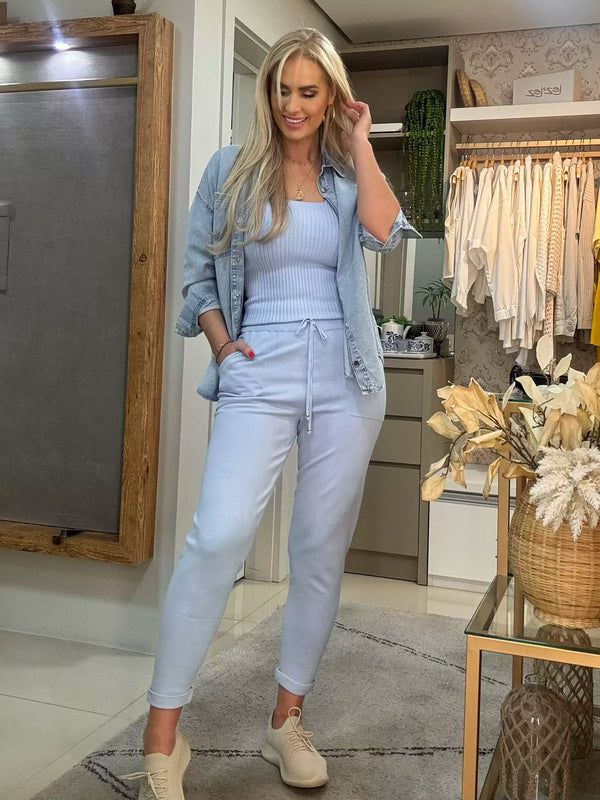 Calça De Tricô Com Barra Italiana Azul