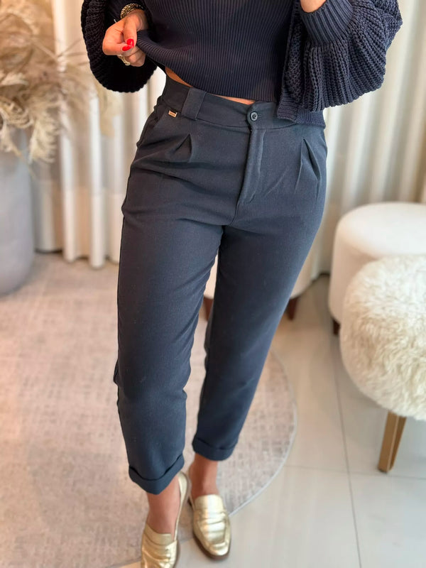 Calça Biamar De Linho Com Pregas Azul Marinho
