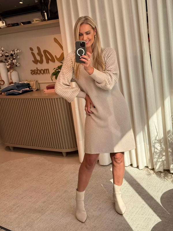 Vestido Midi Biamar Com Manga Ponto Pipoca Bege